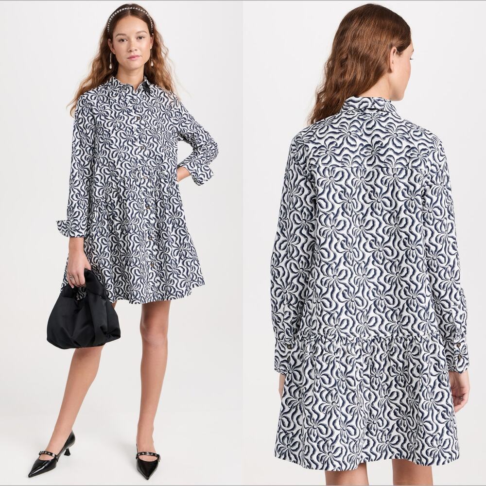 GANNI Printed Cotton Mini Shirt Dress Navy Blue SIZE 38